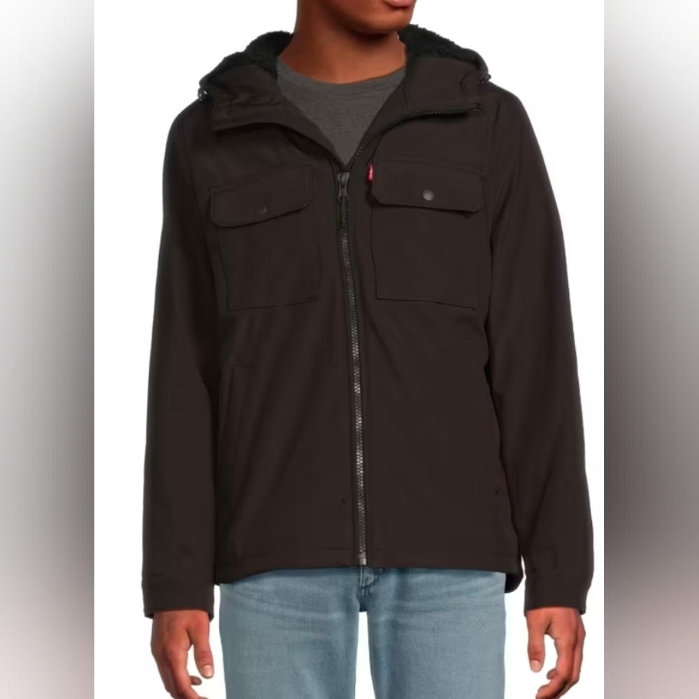 Levi's Size MD Or LG Men's Work Stormshell Faux Fur-Lined Hooded Jacket Black